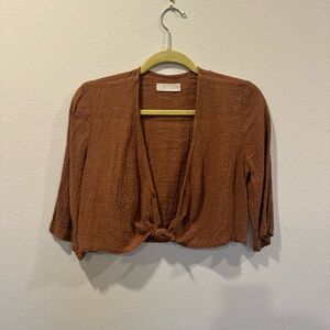 First Rite Women's Terracotta Linen Tie Front V-neck Cropped Blouse Top, Small